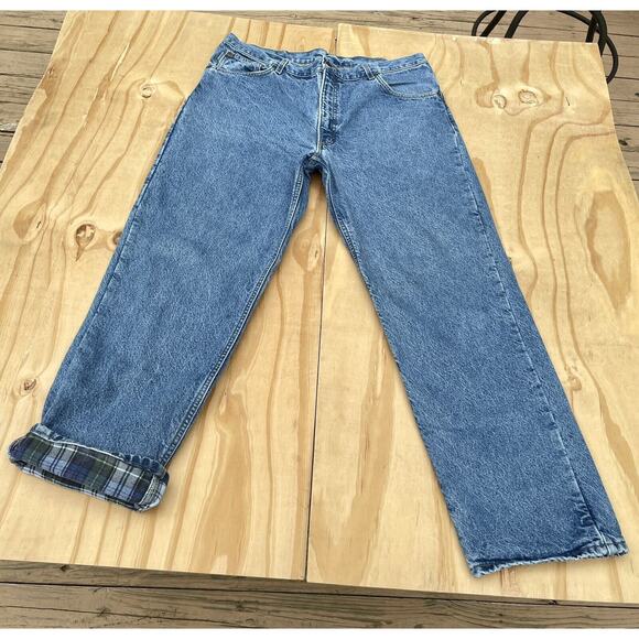 VINTAGE Carhartt Flannel Lined Dungaree Jean's Men's Blue and Plaid SIZE 38x32 - Picture 1 of 7